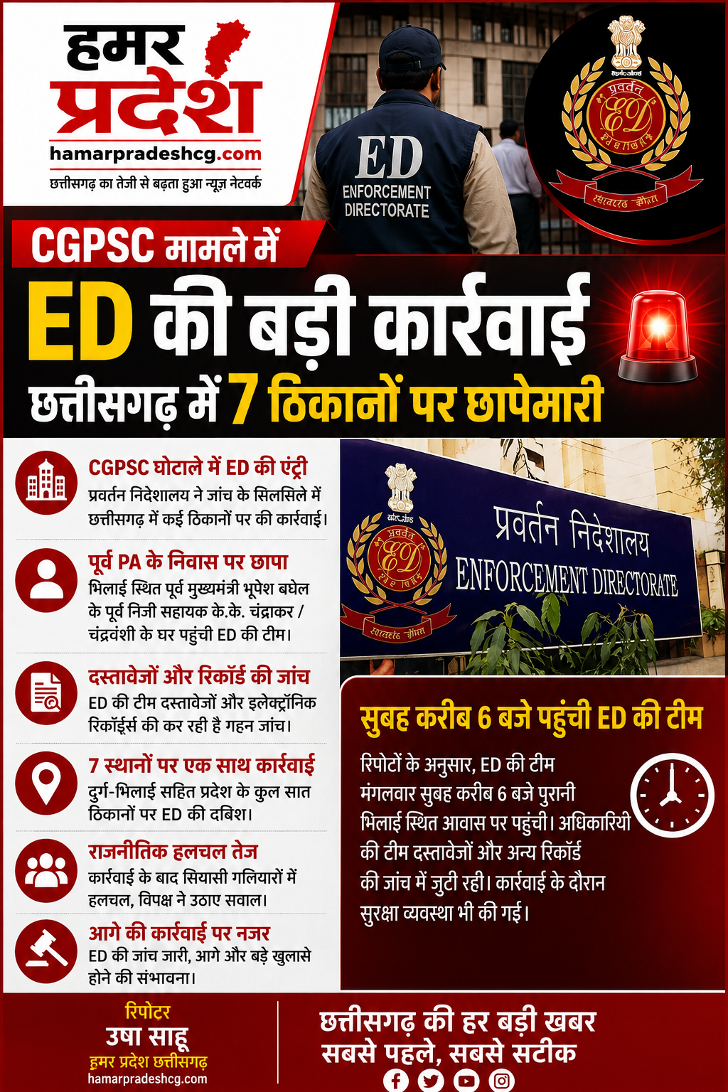 CGPSC मामले में ED की कार्रवाई, छत्तीसगढ़ में 7 ठिकानों पर तलाशी
